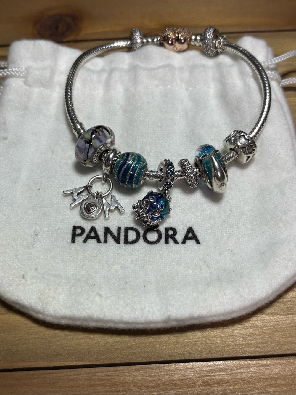 Pandora Silver Charm Bracelet with Blue, Teal and Purple Murano Beads